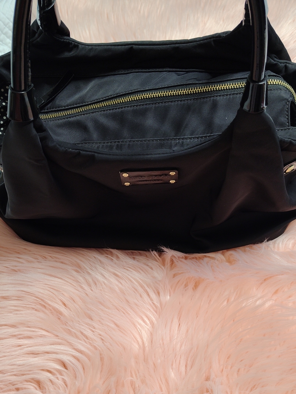 kate spade Black Nylon Shoulder Bag with Patent Trim, Used, Very Clean.